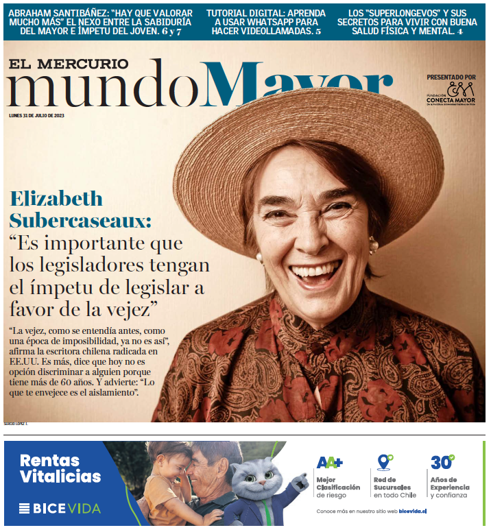 Portada Mundo Mayor 8. Portada Elizabeth Subercaseaux, escritora nacional y líder mayor 2021