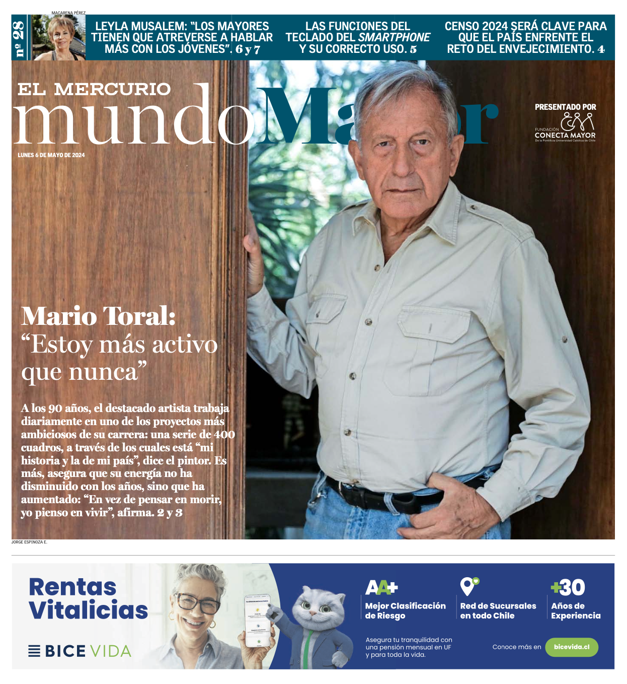 Portada de la edición 28 de la revista. Se muestra en plano medio al artista Mario Toral mirando a cámara.